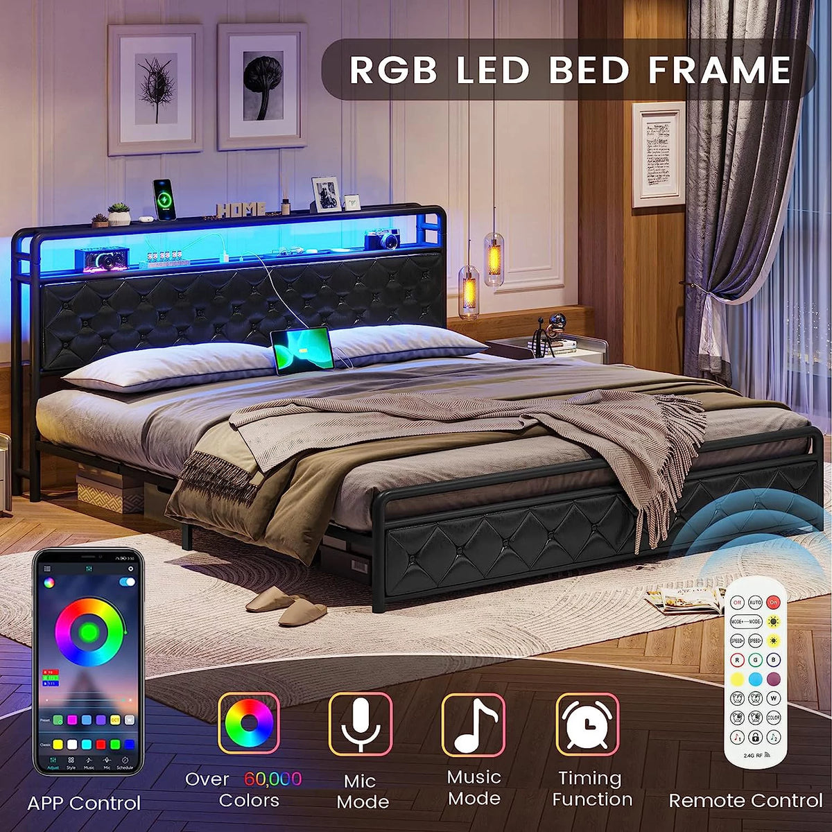 King Size Faux Leather Upholstered Platform Bed with LED Headboard K923