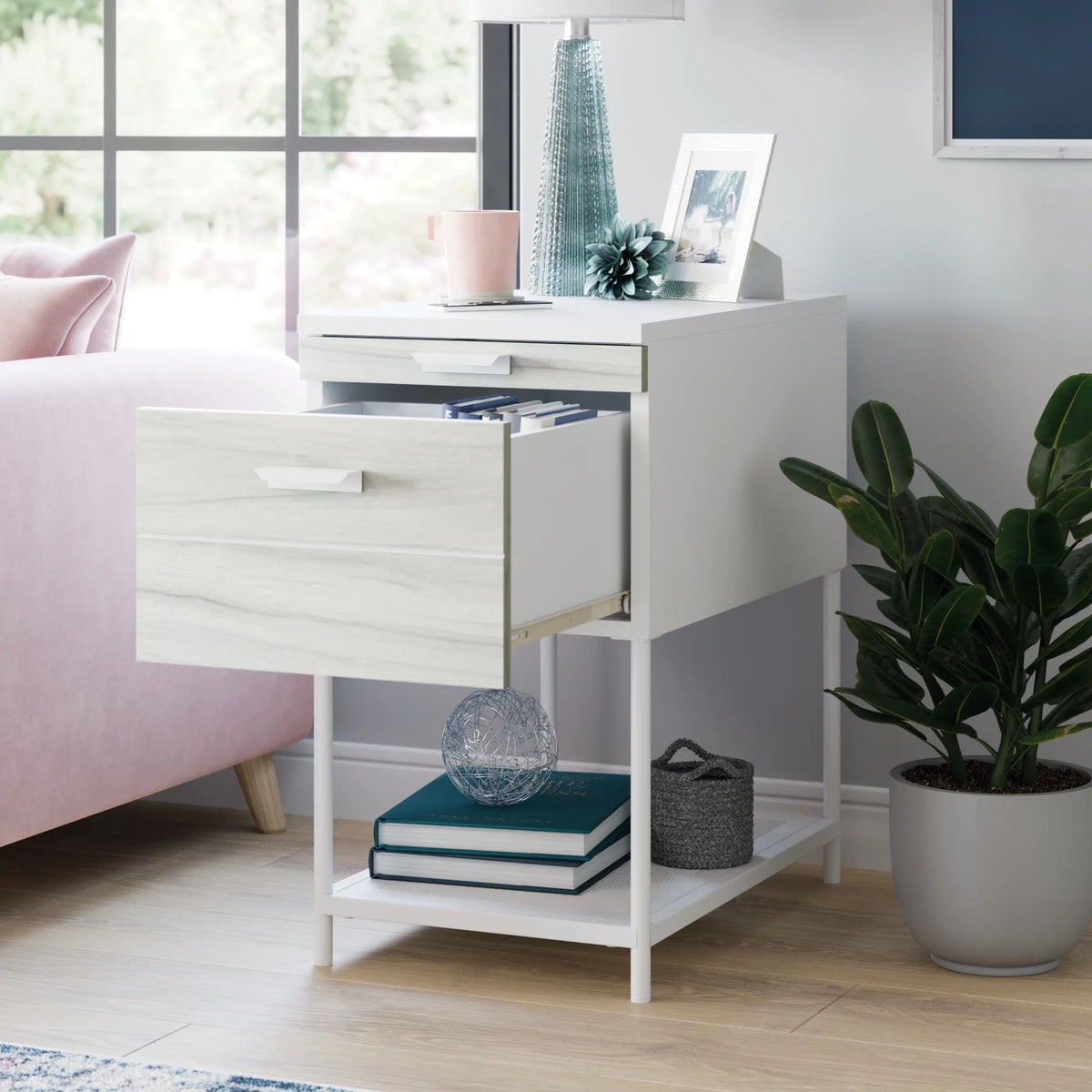 Side Table with Pull Out Tray and Drawer, White F2431