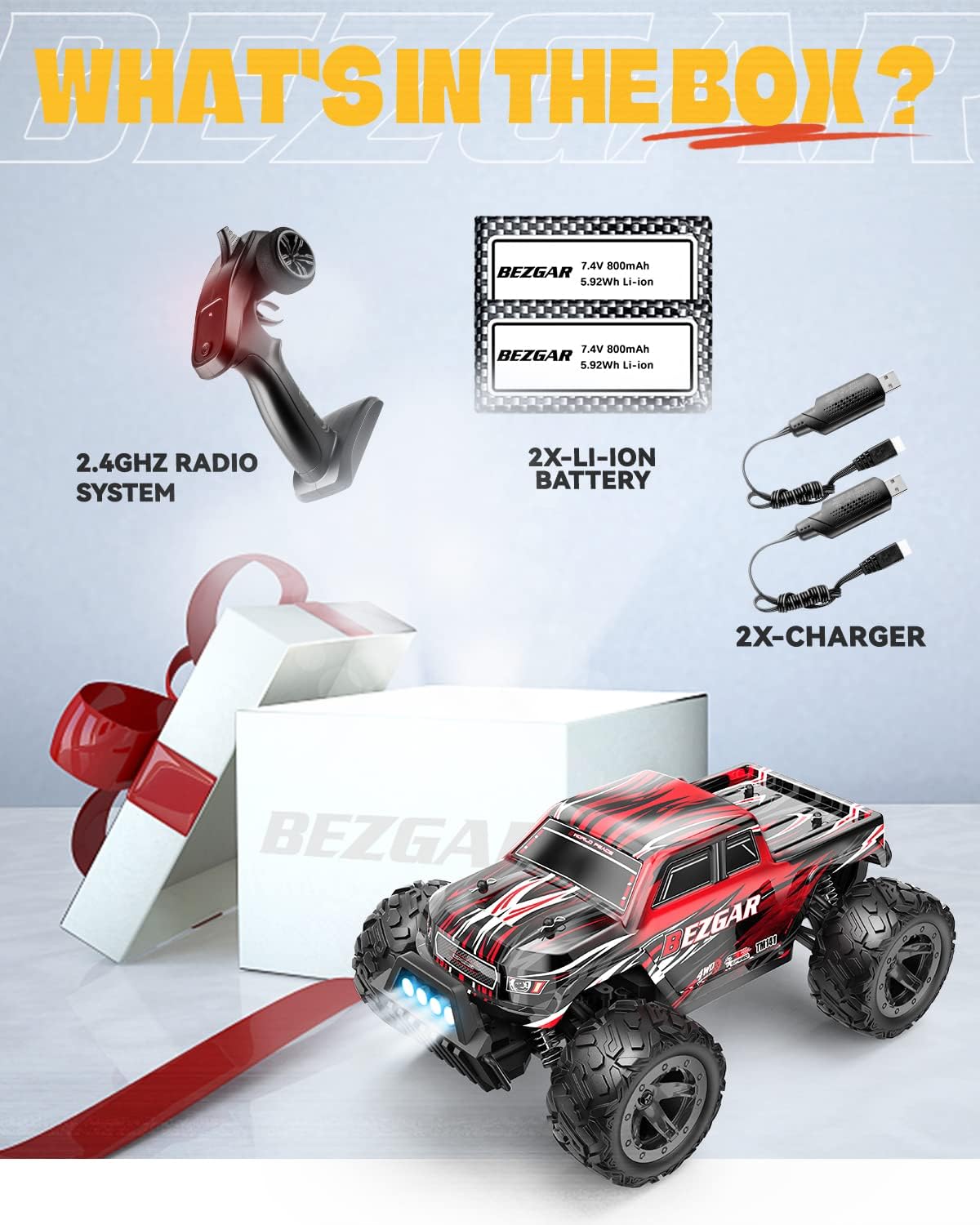 RC Cars 1:14 Scale Remote Control Car, 4WD Top Speed 25 Km/h Electric Toy Off Road RC Car Truck Crawler with Two Rechargeable Batteries T73414