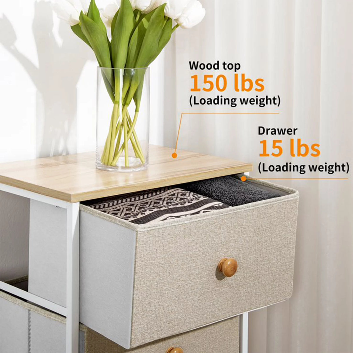 Narrow Metal Tower Dresser with 5 Fabric Drawer Bins B878