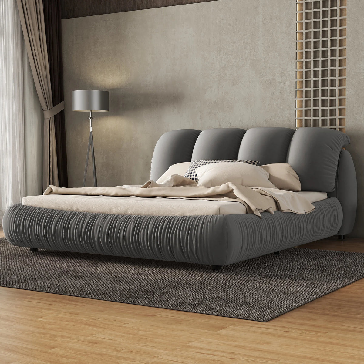 Queen Size Velvet Upholstered Bed with Padded Backrest K99115