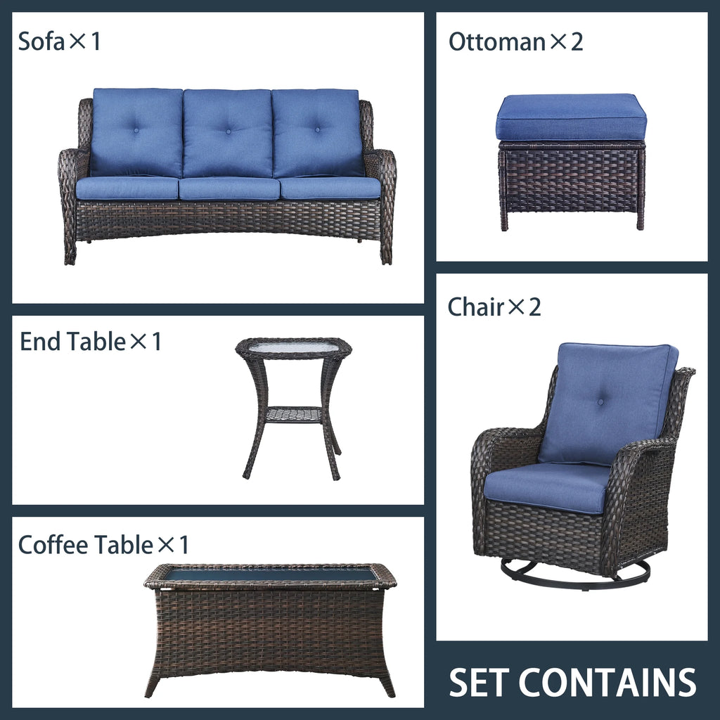 Blue 7 Pcs Outdoor Rattan Patio Furniture Set with Cushion J34636