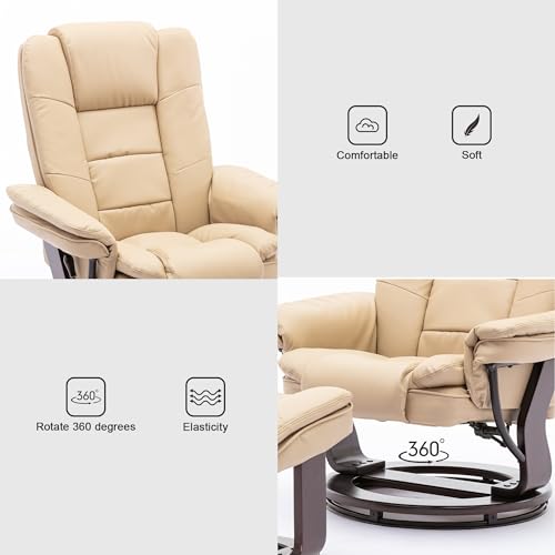 Beige Leather Swivel Recliner Chair with Ottoman J518