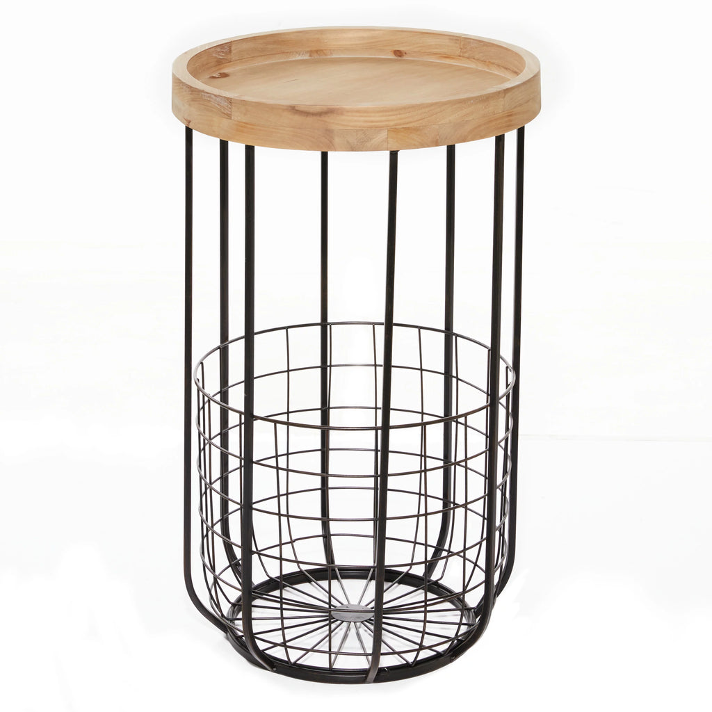 16" x 26" Black Metal Accent Table with Brown Wood Top and Wire Basket Storage P1203