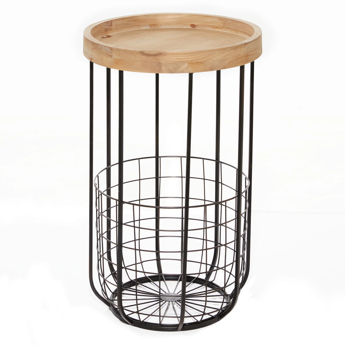 16" x 26" Black Metal Accent Table with Brown Wood Top and Wire Basket Storage P1203