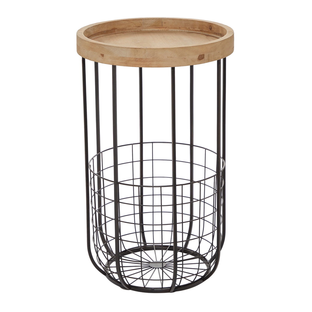 16" x 26" Black Metal Accent Table with Brown Wood Top and Wire Basket Storage P1203