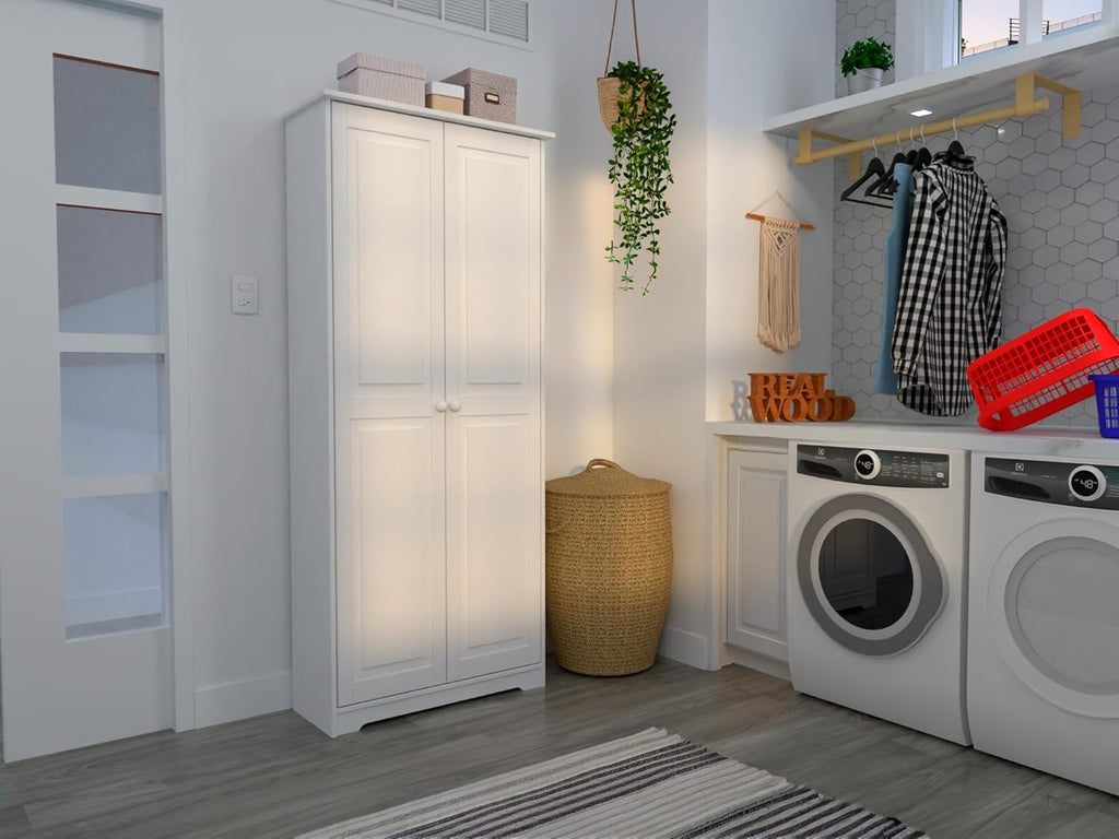 Solid Wood White Cabinet Pantry with 2 Doors and Adjustable Shelves N790306
