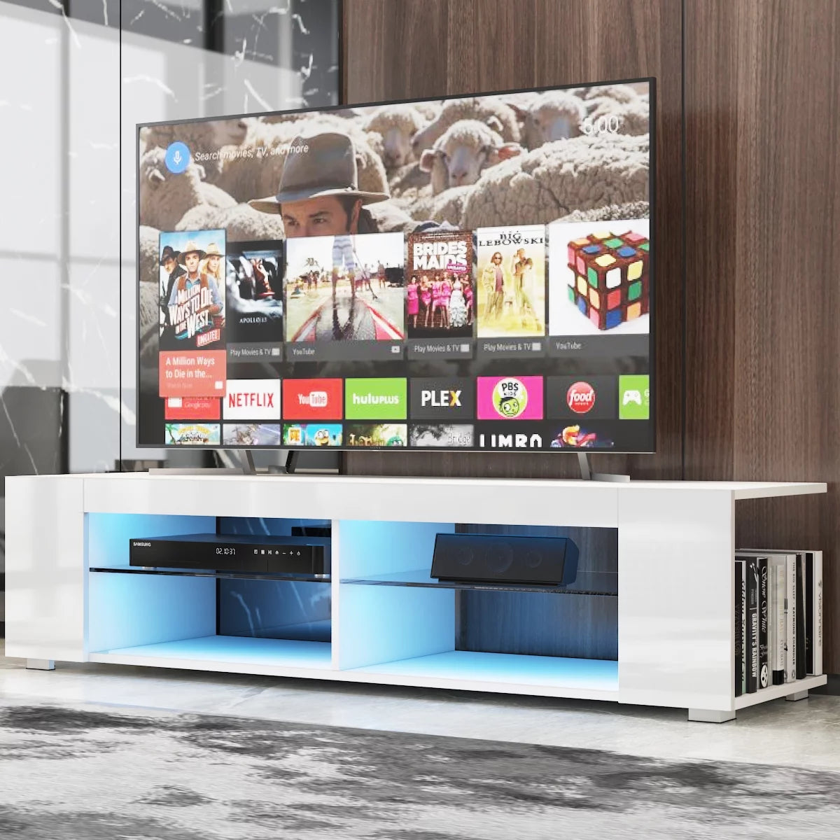 LED TV Stand with Side Bookshelf and 4 Open Shelves L621