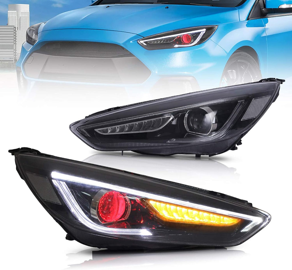 Projector LED Headlights for Focus 2015 2016 2017 2018 with Amber Sequential Dual Beam Lens D3252