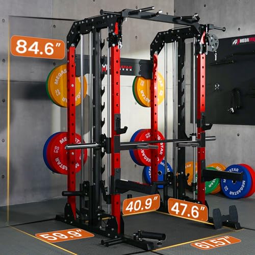 Smith Machine Home Gym with Aluminum Pulley Set - 2000lbs Capacity All-in-One Power Rack with Cable Crossover, Pull-Up Bar & Dip Station, Includes 18 Attachments E988