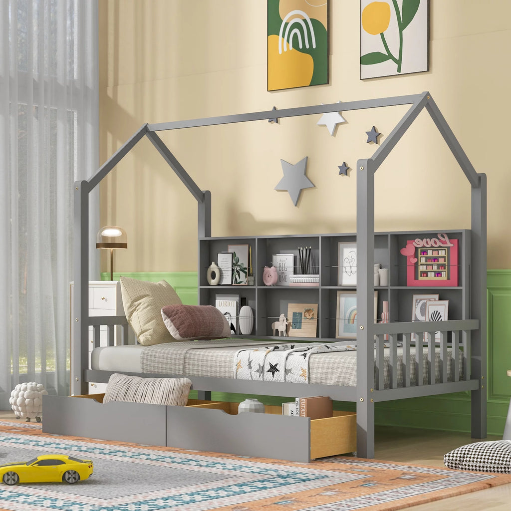 Wooden Twin Size House Bed with 2 Drawers and Storage Shelf Z461
