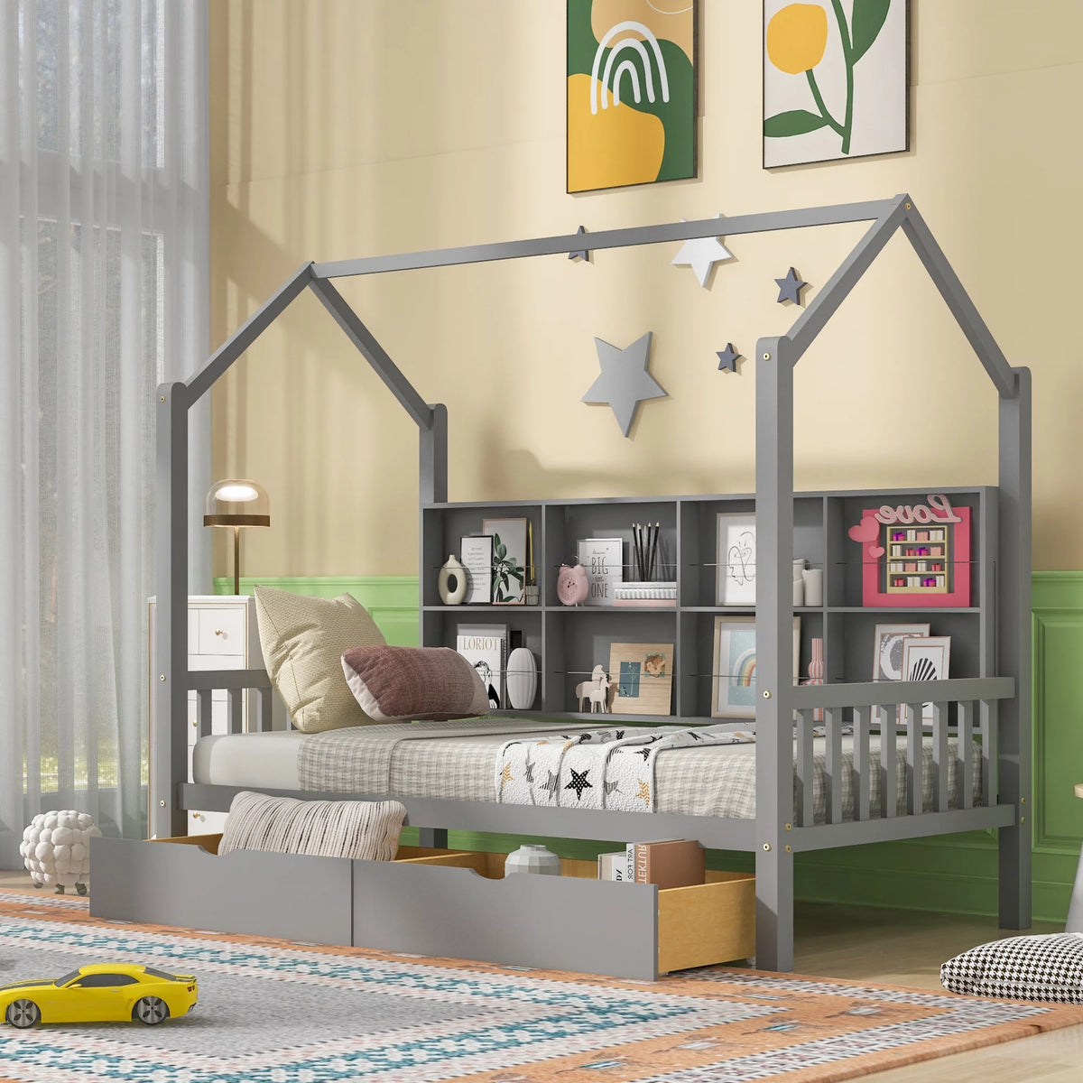 Wooden Twin Size House Bed with 2 Drawers and Storage Shelf Z461