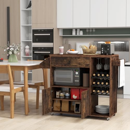 Rustic Brown Kitchen Island Cart with Drop-Leaf & Power Outlet B317