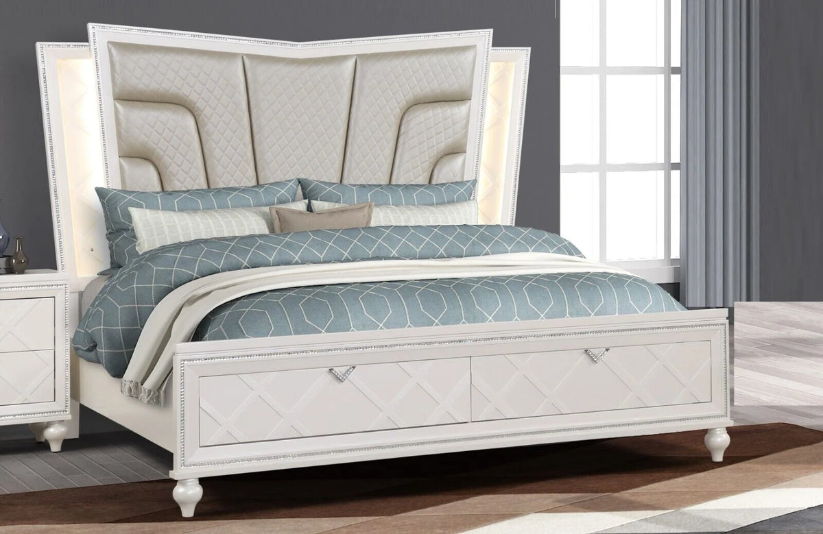 Silver Queen Size Storage LED Headboard Bed and Nightstand O712