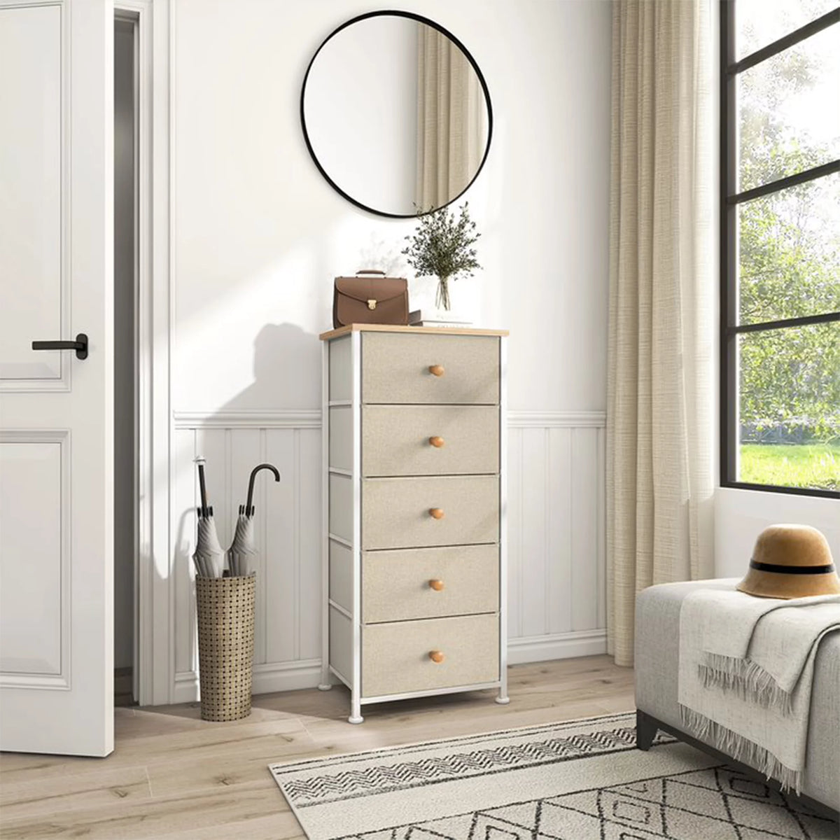 Narrow Metal Tower Dresser with 5 Fabric Drawer Bins B878