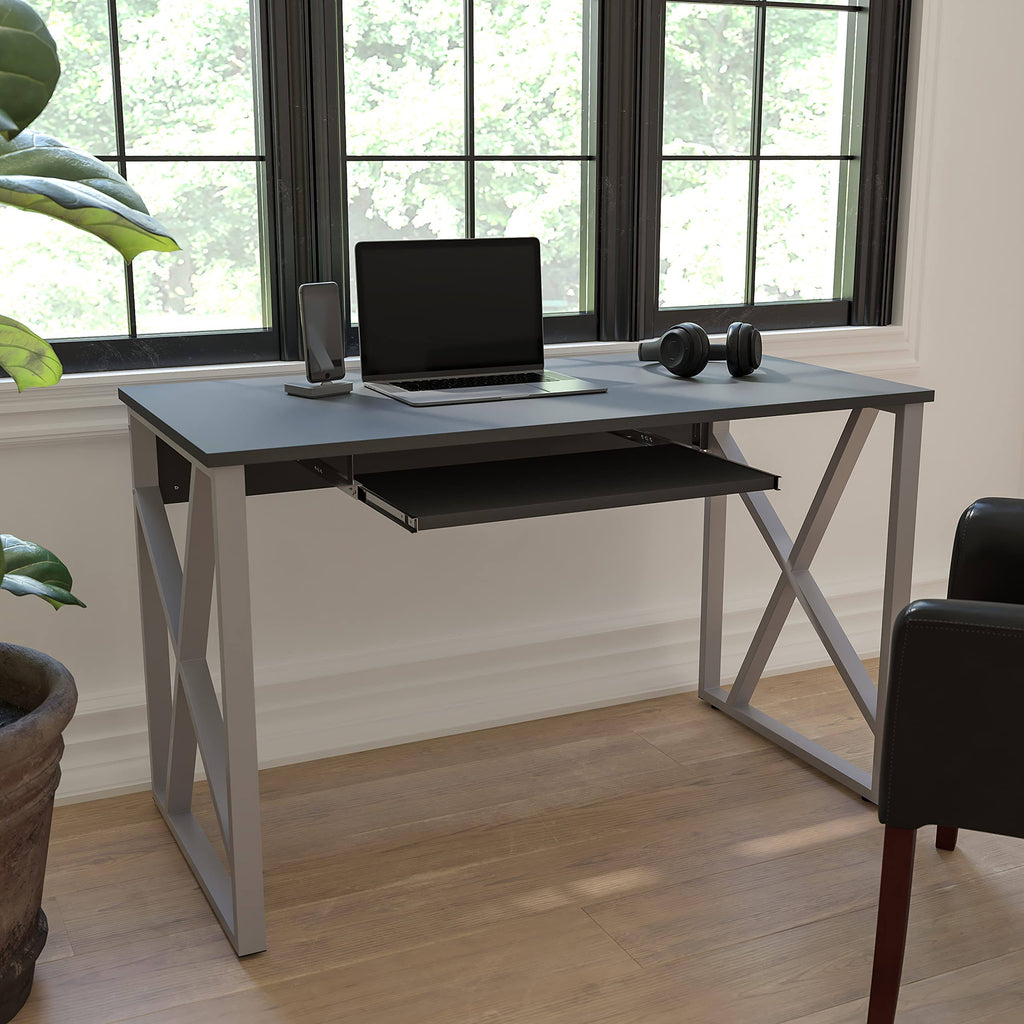 Black Computer Desk with Pull-Out Keyboard Tray I529570