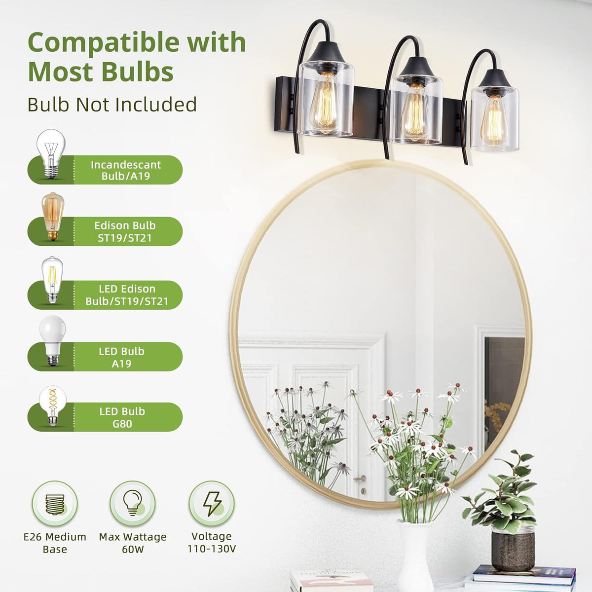 3-Light Matte Black Bathroom Vanity Light with Clear Glass Shades V3481