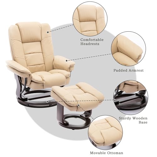 Beige Leather Swivel Recliner Chair with Ottoman J518