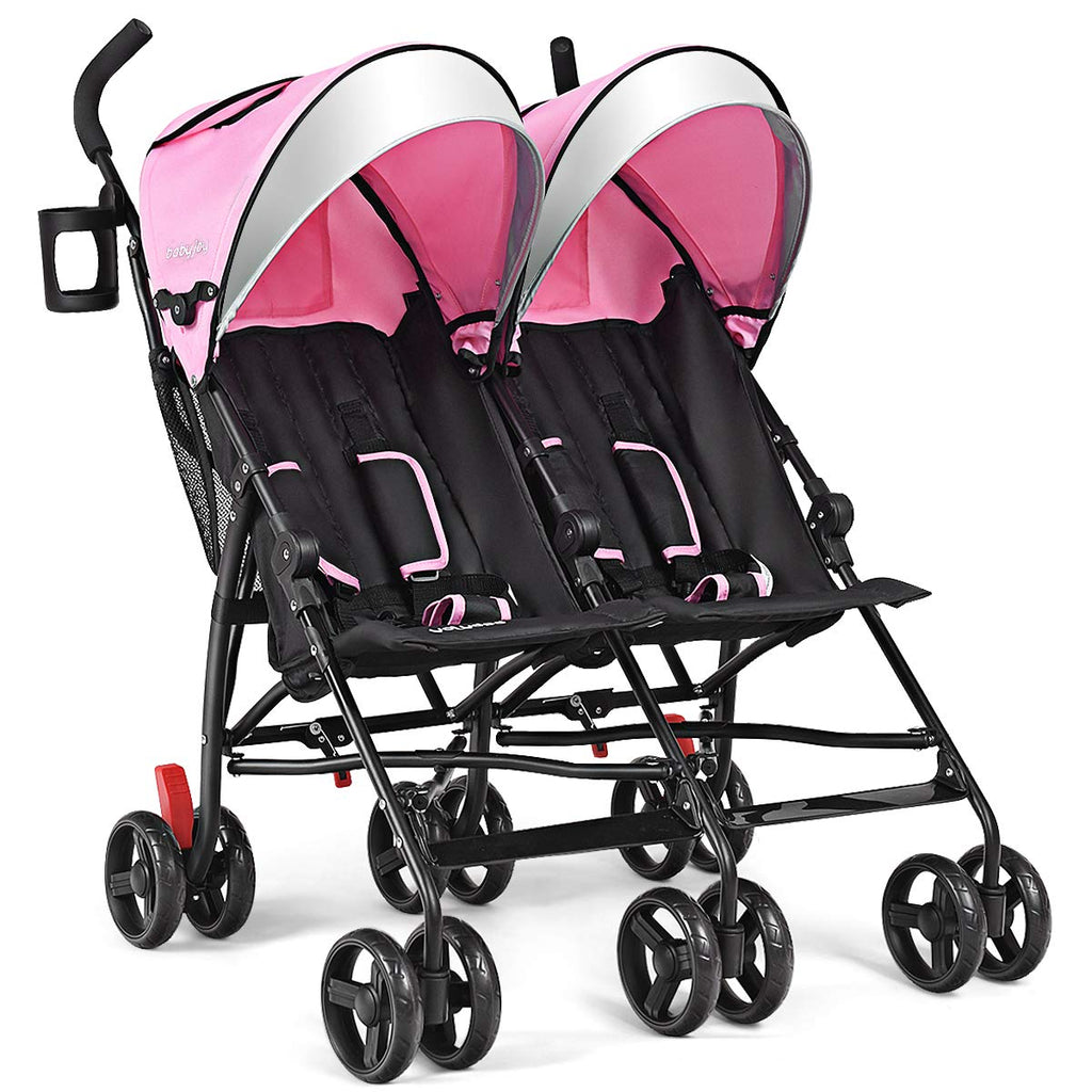 Double Light-Weight Foldable Umbrella Stroller with 5-Point Harness, Cup Holder, Sun Canopy, Pink S667