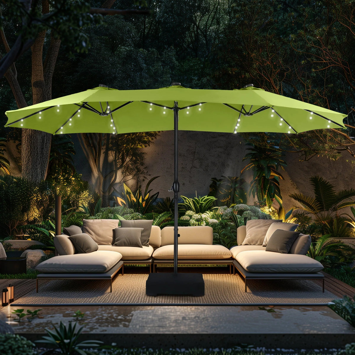 15ft Double-Sided Patio Umbrella with Solar Lights & Base X90513