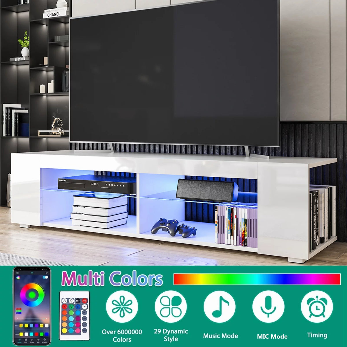 LED TV Stand with Side Bookshelf and 4 Open Shelves L621