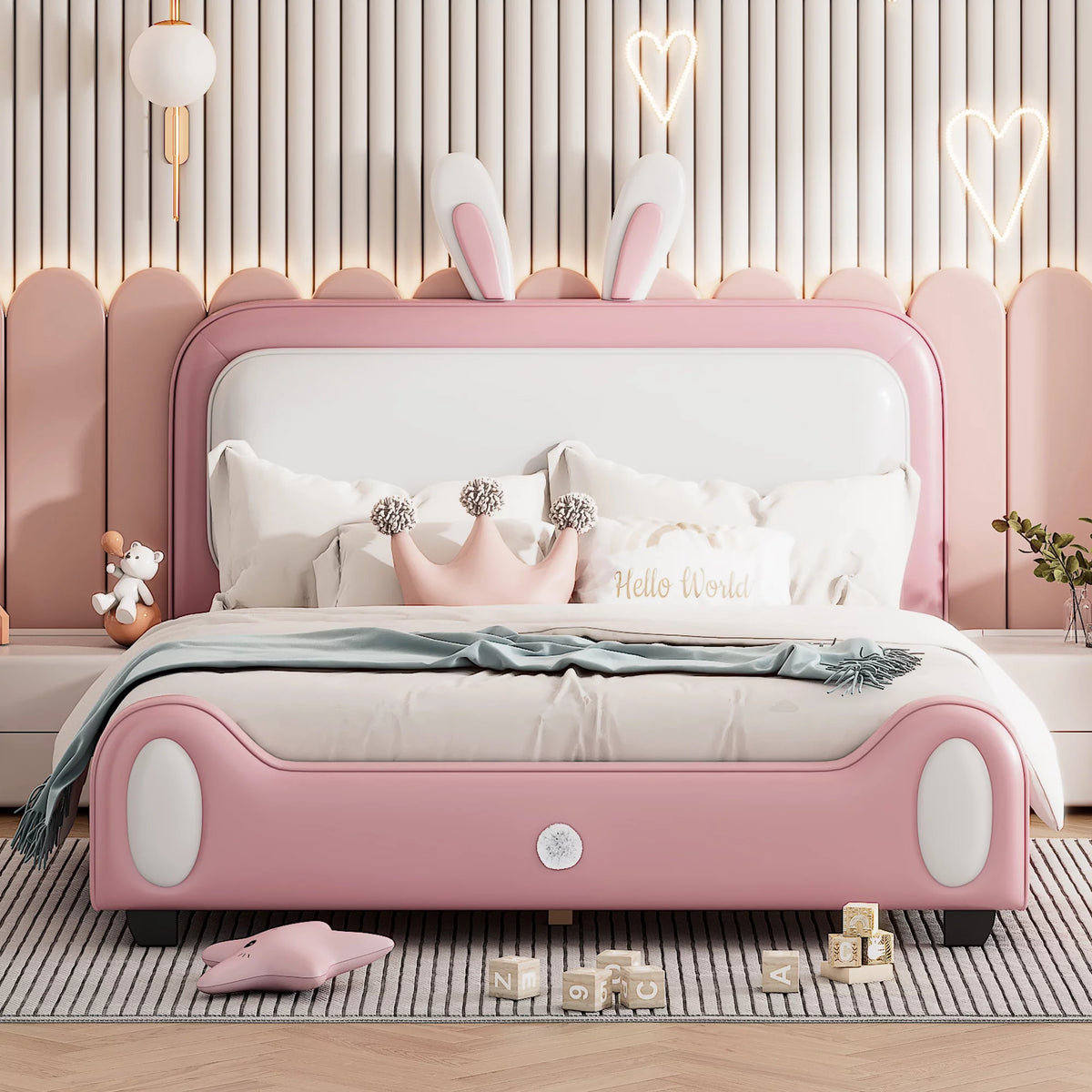 Pink Full Size Kids Princess Bed with Bunny Shape Headboard B9673