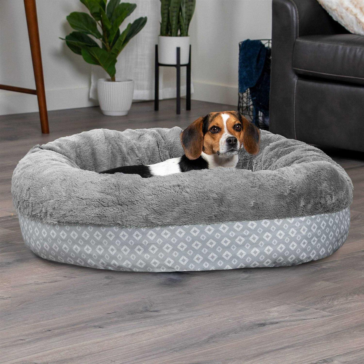Plush Diamond Print Calming Donut Pet Bed N604