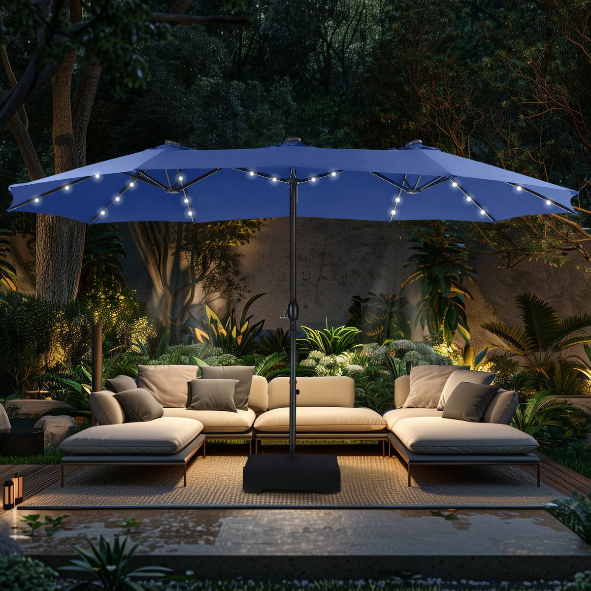 15ft Double-Sided Patio Umbrella with Solar Lights & Base X90513