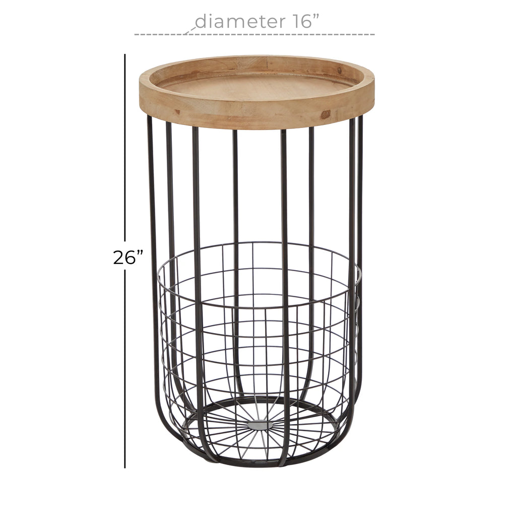 16" x 26" Black Metal Accent Table with Brown Wood Top and Wire Basket Storage P1203