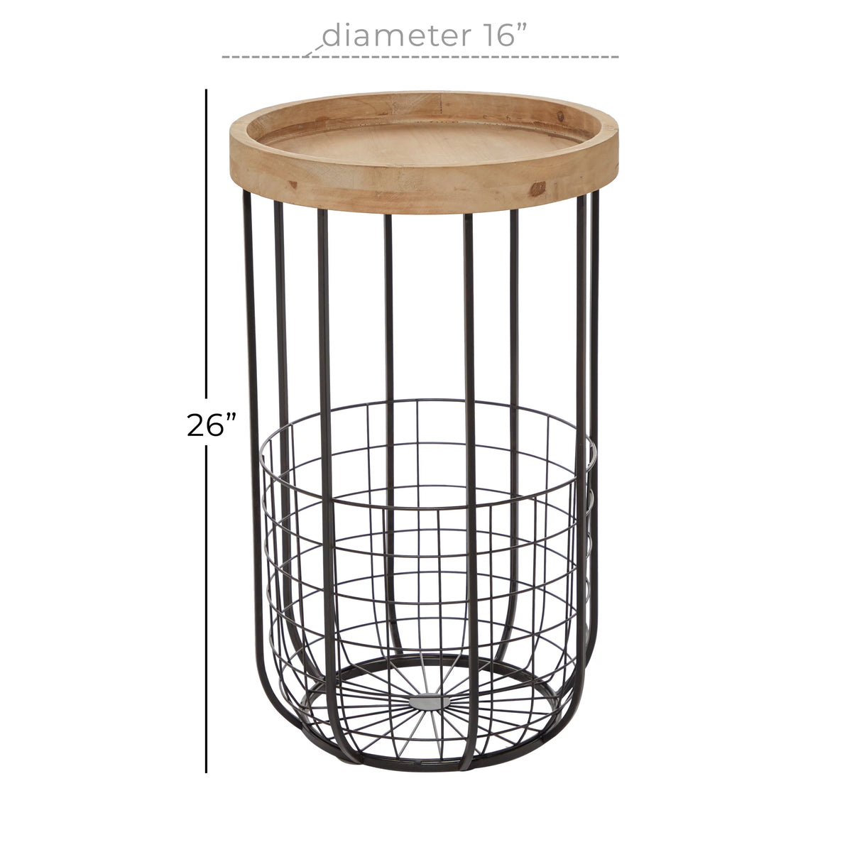 16" x 26" Black Metal Accent Table with Brown Wood Top and Wire Basket Storage P1203
