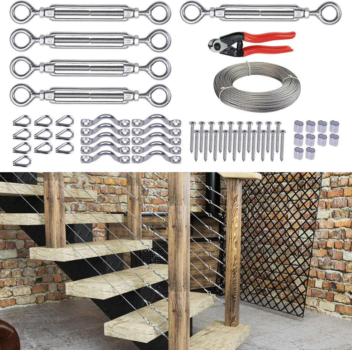 5Set 1/8 Cable Railing Kit Hardware Turnbuckle M5 Eye to Eye and 165' Wire Rope for Wood Post Stainless Steel Angle Adjustable 5 Cable Lines A581831