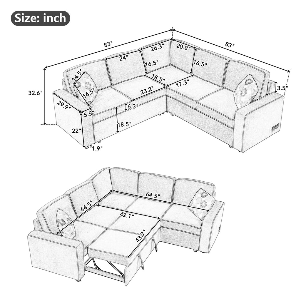 5 Seat Pull Out L-Shaped Sofa Bed with 2 USB Ports B2535