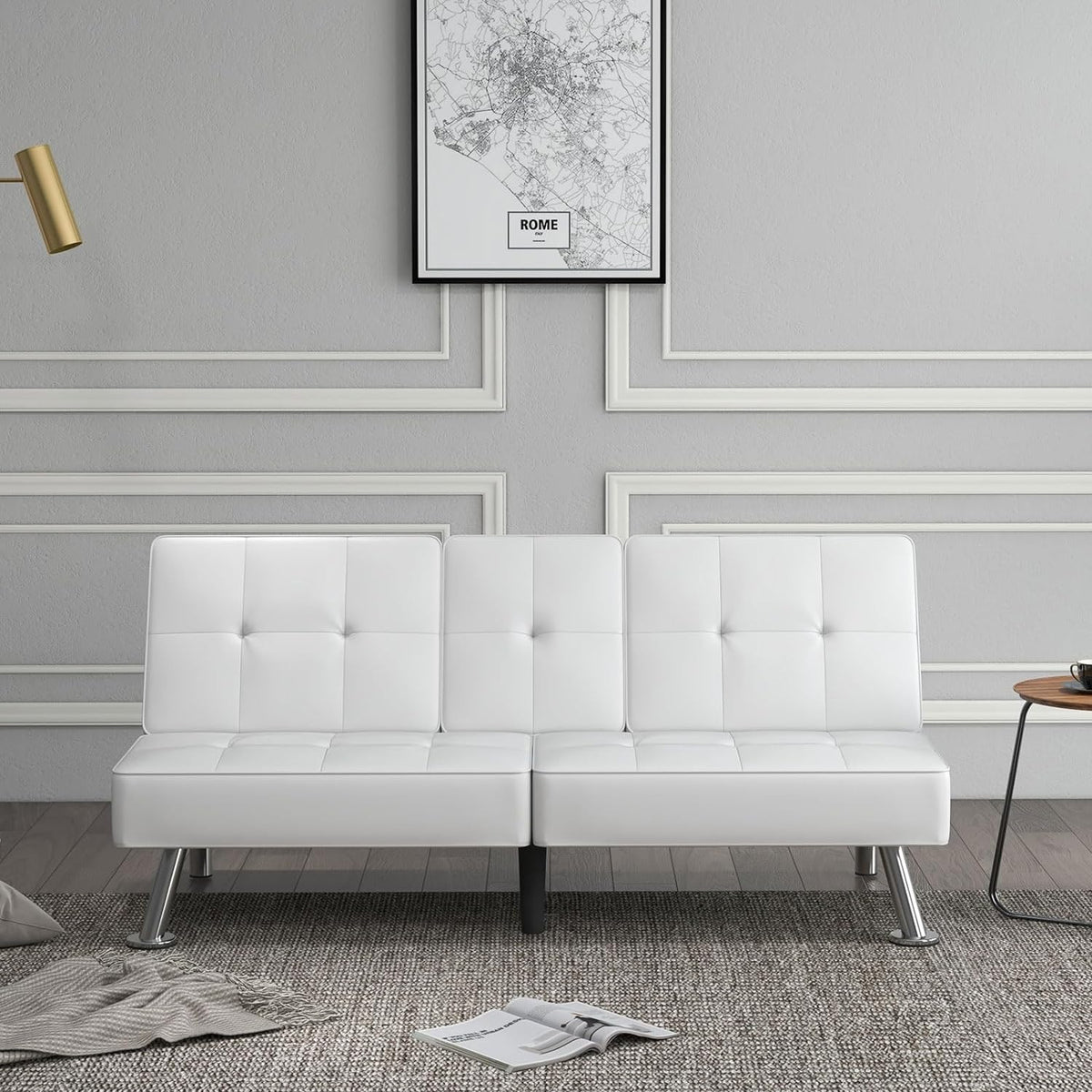 White Faux Leather Convertible Sofa Bed with 2 Cup Holders F496998