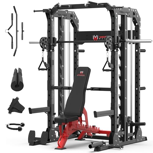 Smith Machine Home Gym with Aluminum Pulley Set - 2000lbs Capacity All-in-One Power Rack with Cable Crossover, Pull-Up Bar & Dip Station, Includes 18 Attachments E988