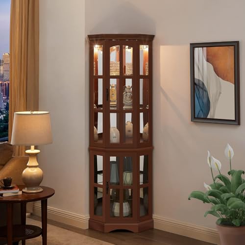 Lighted Corner Curio Cabinet with 4 Adjustable Shelves, Mirrored Back Panel, 4 Tempered Doors, 23.75"×11.75"×70", Cherry H636