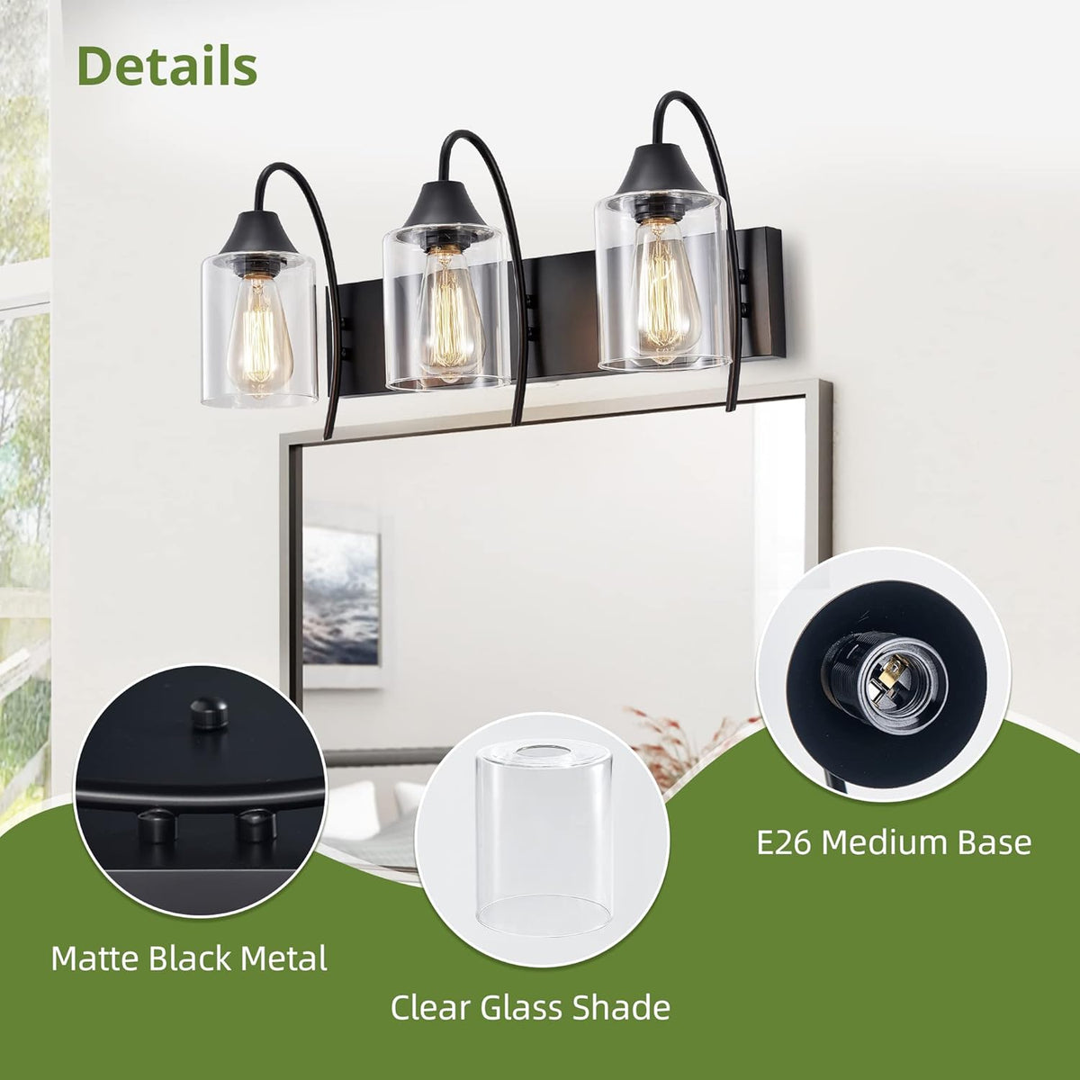3-Light Matte Black Bathroom Vanity Light with Clear Glass Shades V3481