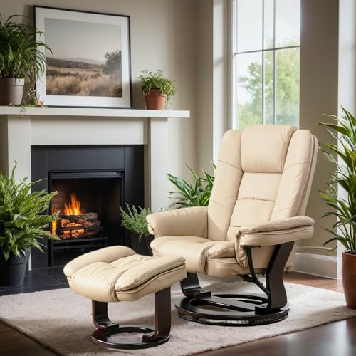 Beige Leather Swivel Recliner Chair with Ottoman J518