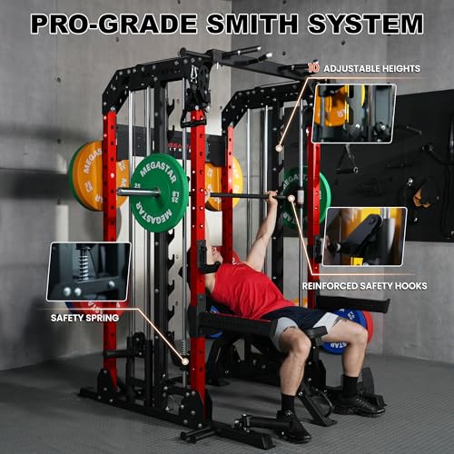 Smith Machine Home Gym with Aluminum Pulley Set - 2000lbs Capacity All-in-One Power Rack with Cable Crossover, Pull-Up Bar & Dip Station, Includes 18 Attachments E988