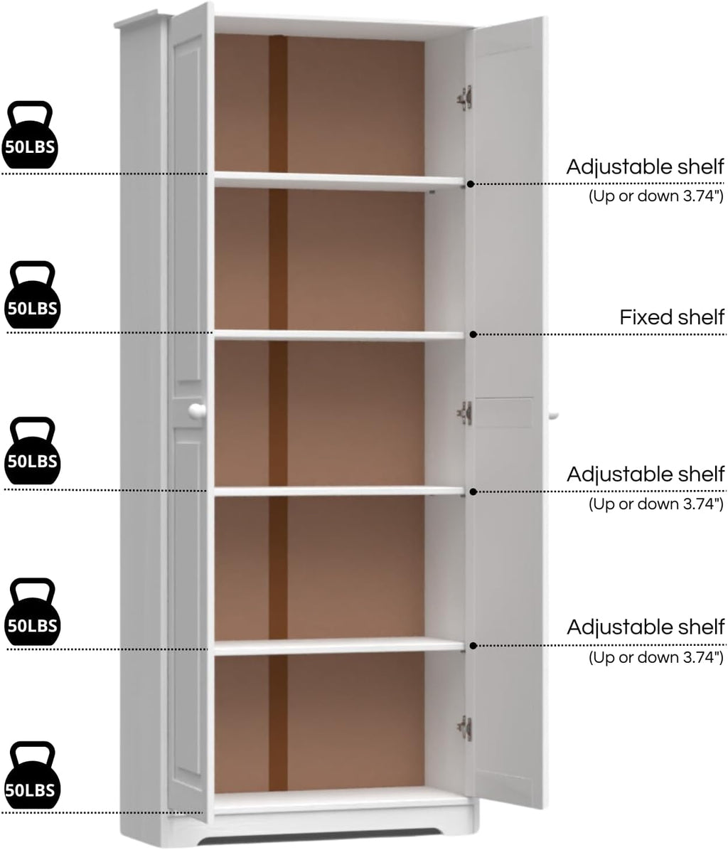 Solid Wood White Cabinet Pantry with 2 Doors and Adjustable Shelves N790306