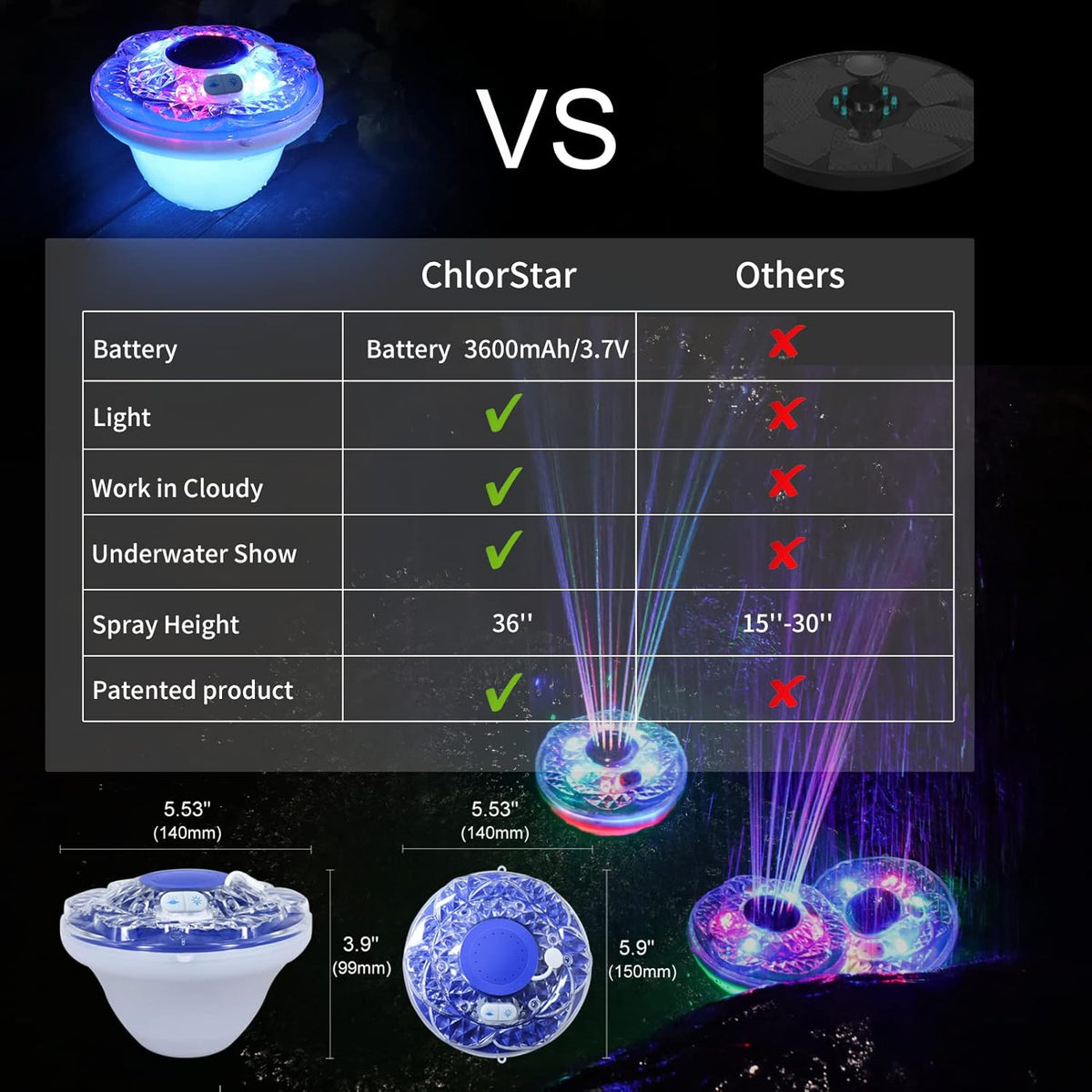 Floating Pool Fountain with Light Show, Rechargeable Battery, IP68 Waterproof, 2 Modes, 1pc S7775