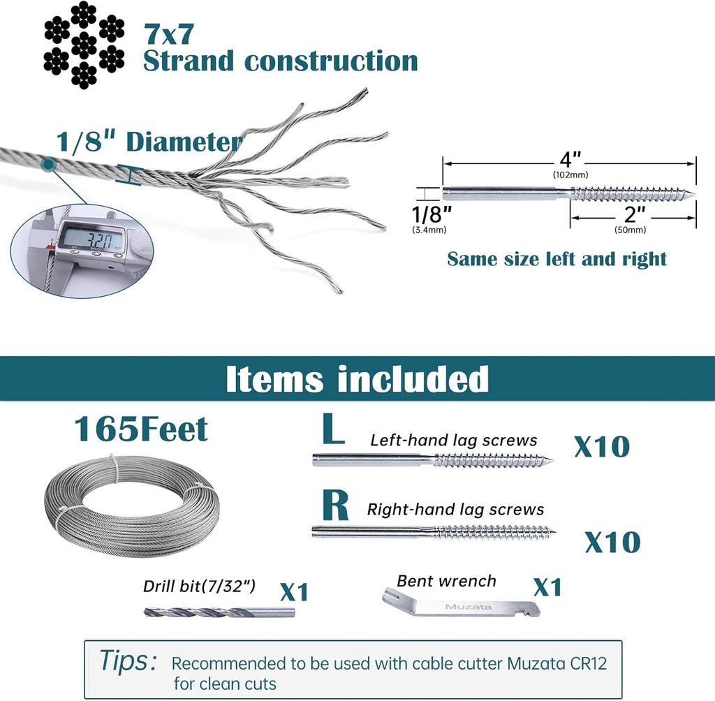20 Pack 1/8 Swage Lag Screw Cable Railing Hardware Kit with 165 Feet Stainless Steel Wire Rope S16841