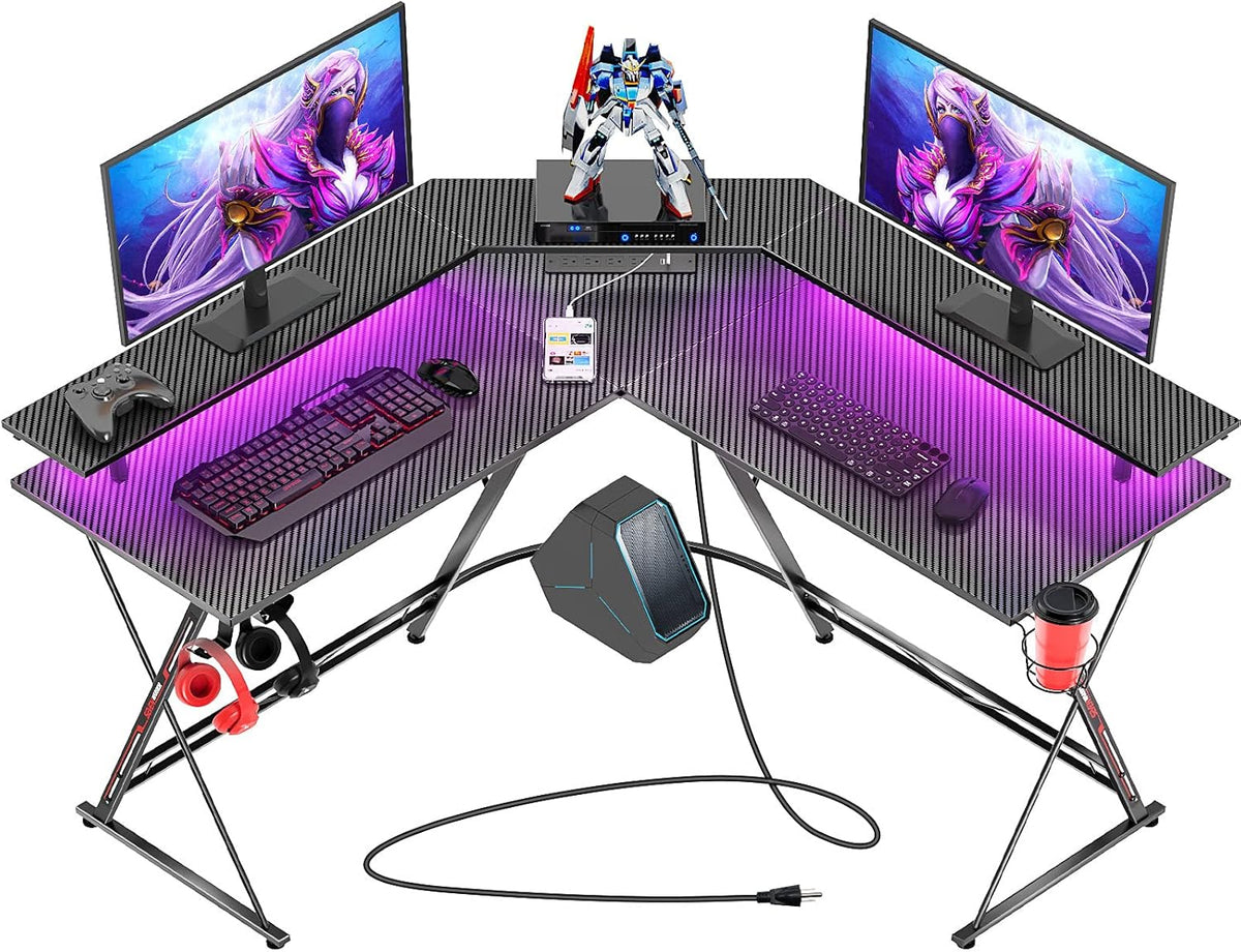 L-Shaped Gaming Desk with LED Strip & Power Outlets N661673