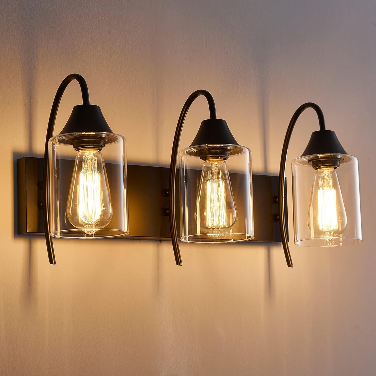 3-Light Matte Black Bathroom Vanity Light with Clear Glass Shades V3481