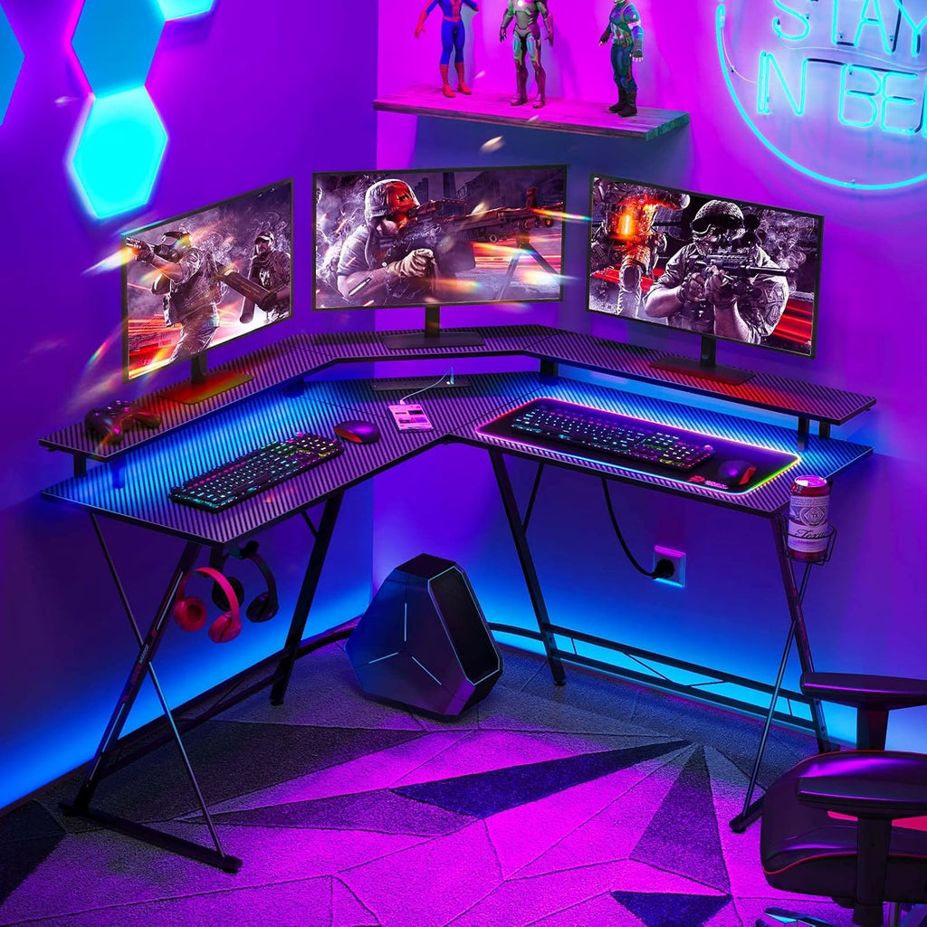 L-Shaped Gaming Desk with LED Strip & Power Outlets N661673