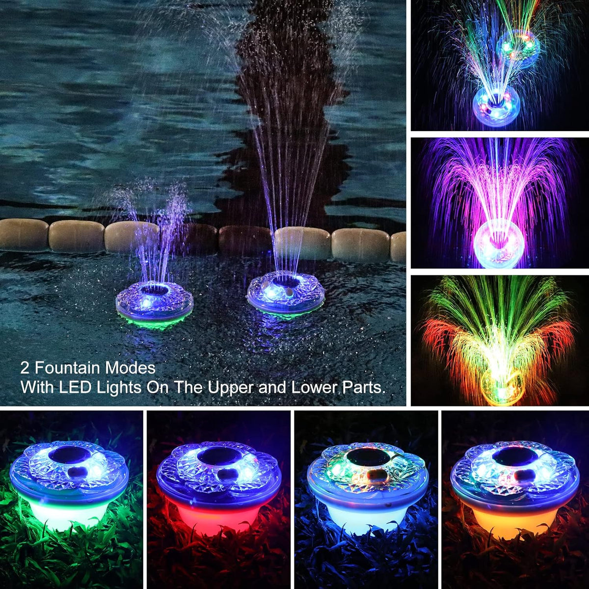 Floating Pool Fountain with Light Show, Rechargeable Battery, IP68 Waterproof, 2 Modes, 1pc S7775