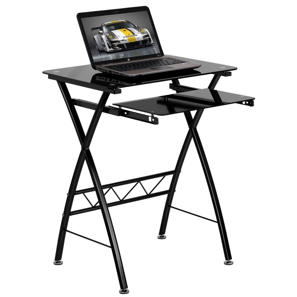 Black Tempered Glass Computer Desk with Keyboard Tray Y4678