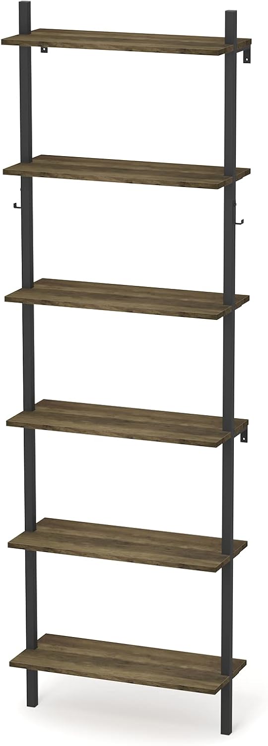 6-Tier Wall Mounted Bookshelf with Hooks U390240