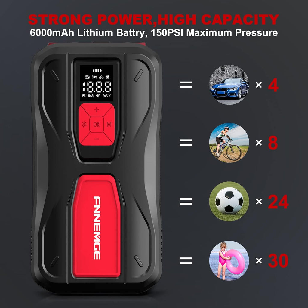 Tire Inflator Portable, 150PSI Cordless Air Compressor, 6000 mAh Li-ion Battery, LED Light O947