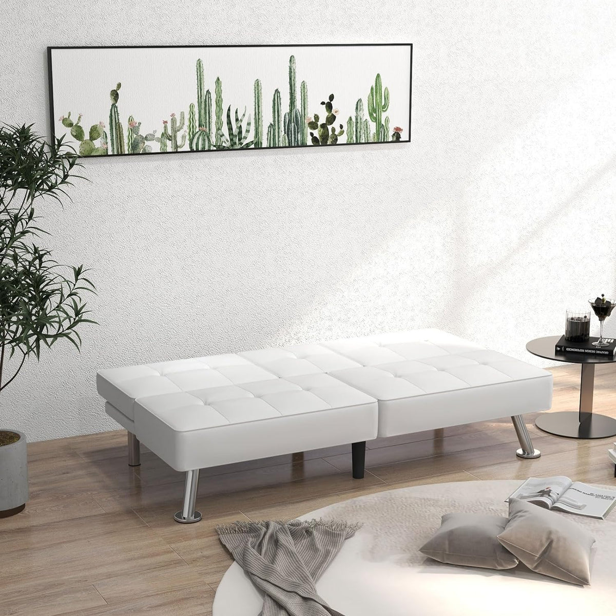 White Faux Leather Convertible Sofa Bed with 2 Cup Holders F496998