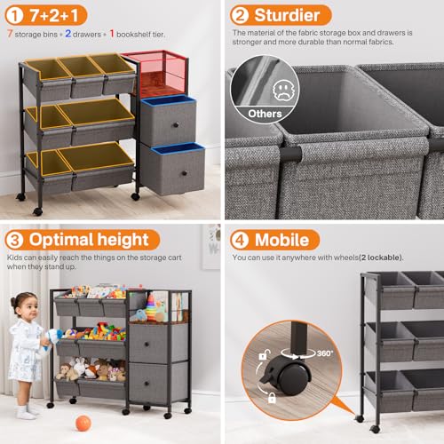 Kids Toy Organizers and Storage Bins, 7 Storage Bins, 2 Fabric Drawers, 1 Bookshelf, Black M2381